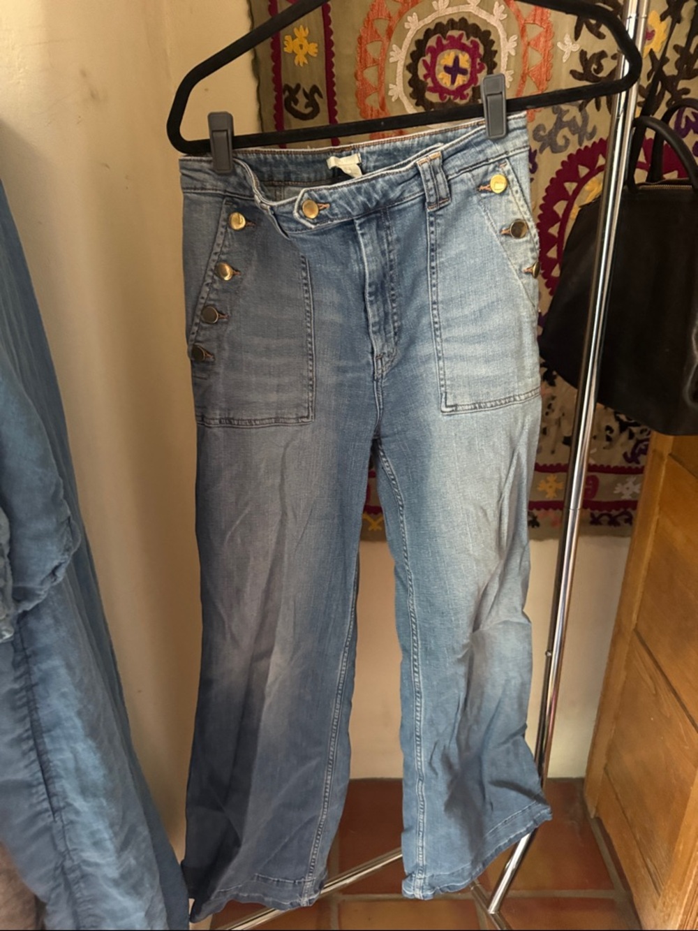 H&M Light Blue Wide-Leg High-Rise Jeans with Side Button Detail